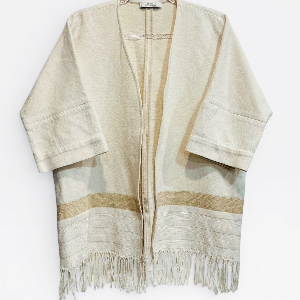 Mango Suit Collection Cream Fringe Caftan Kimono Cotton Linen Blend OS